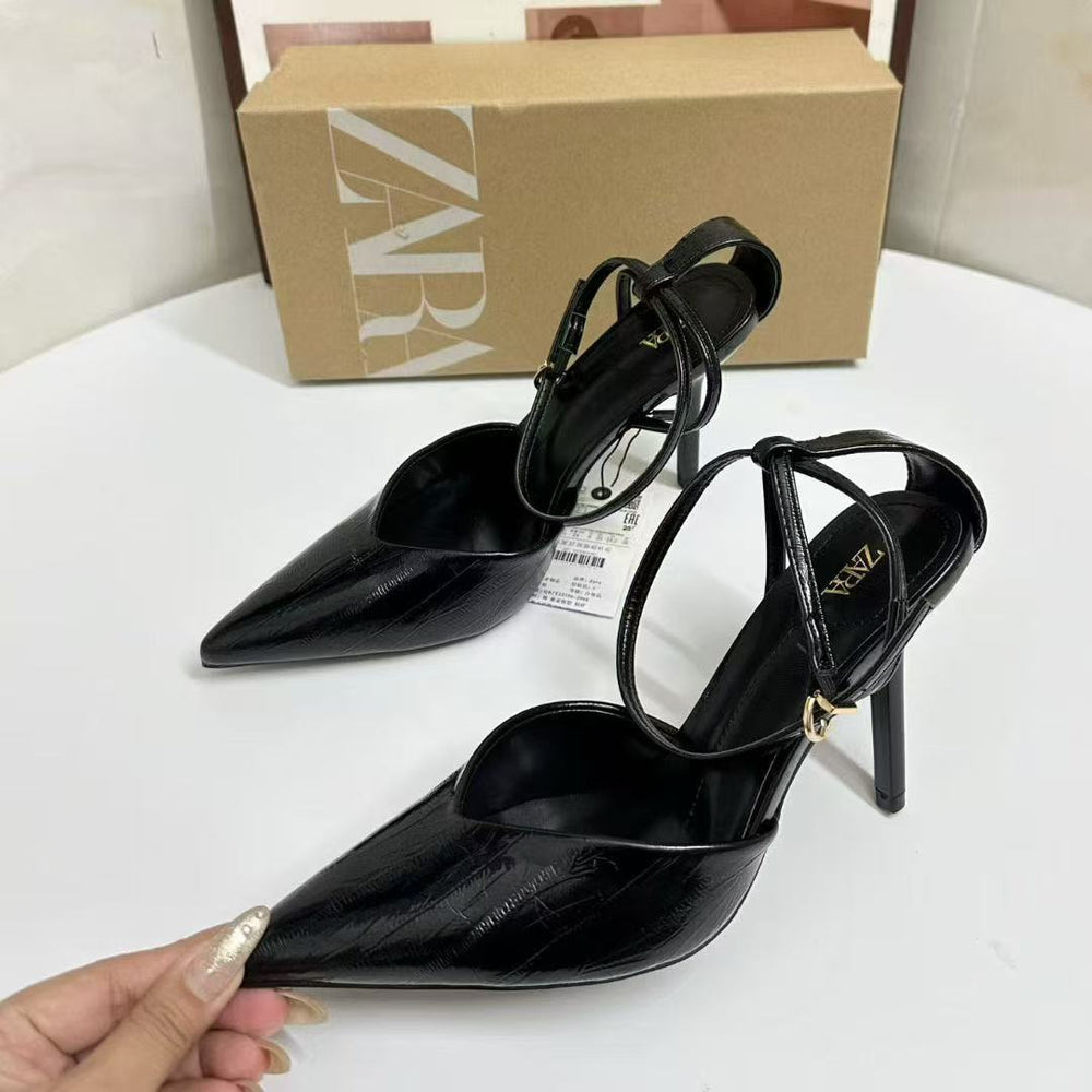 Za2025autumnew arrivalelegant pointed toe high heelsfashioneasiest for match toe capflats belt buckle stiletto flats women