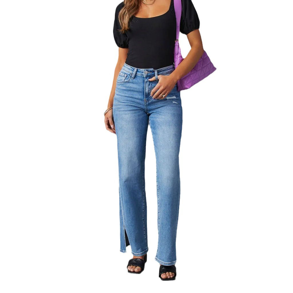 Amazon slit jeans women's new arrival stretch washed loose pants elegant commuterhigh waistjeans