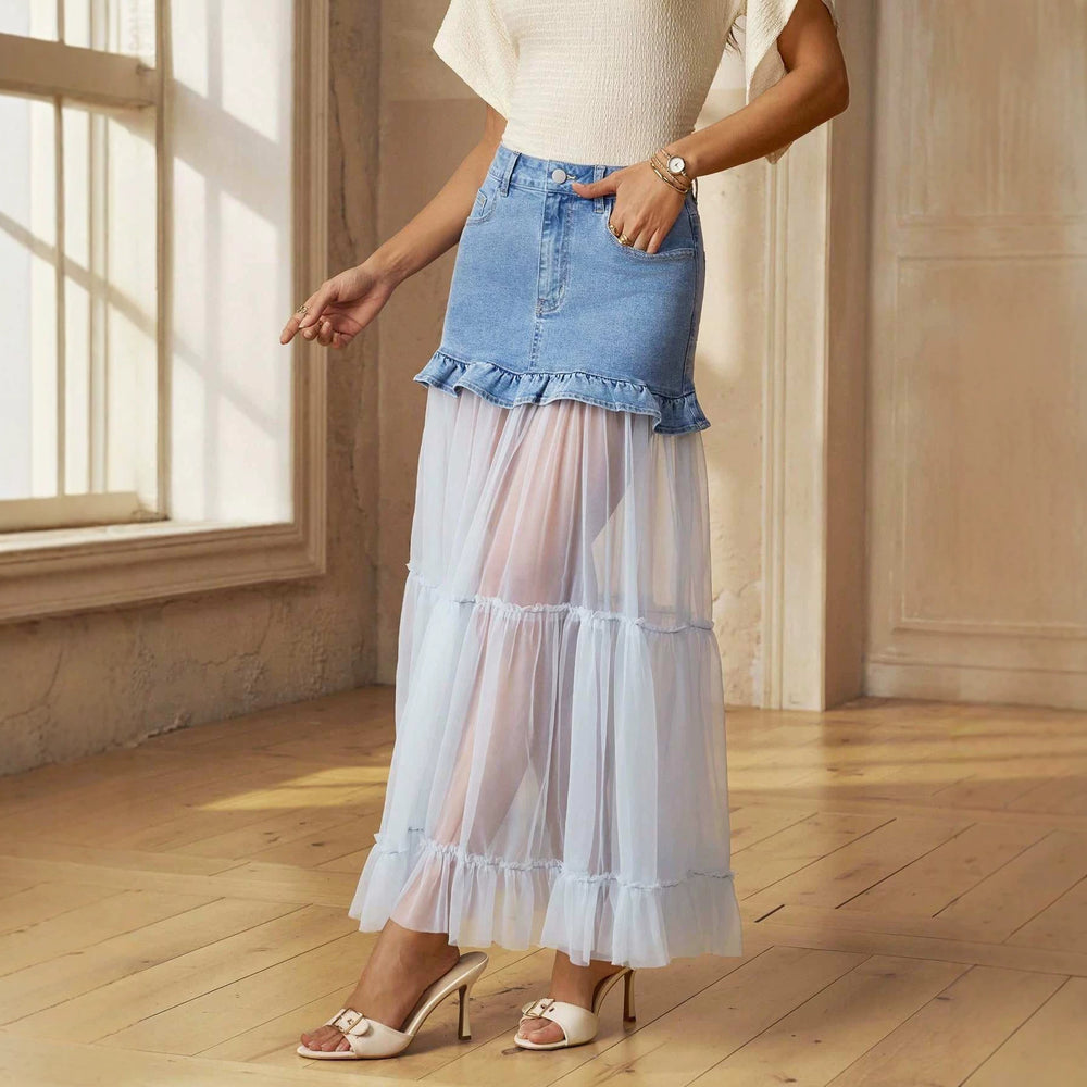 Amazon tiktok pinduoduo foreign trade cross-border fashion denim splicing mesh ruffle long skirt