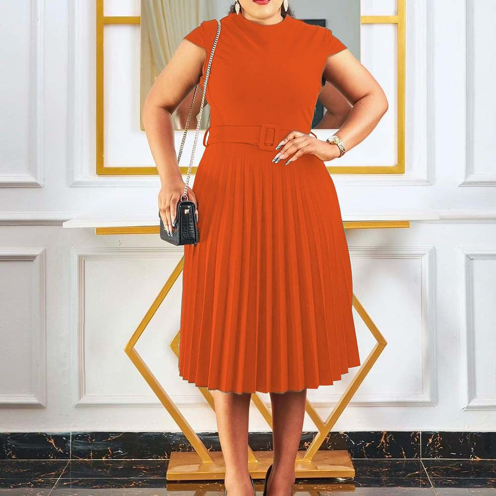 D3116 cross-border e-commerce  summer short-sleeve solid color fashion tie-waist pleated slim-fit european and american style dress
