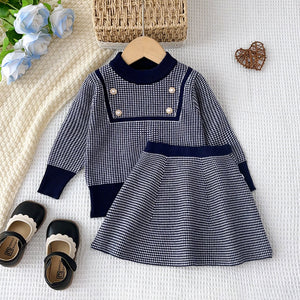 Autumn/winter new korean style girls' sweater set - little girl's simple plaid long-sleeve knit top and skirt two-piece outfit