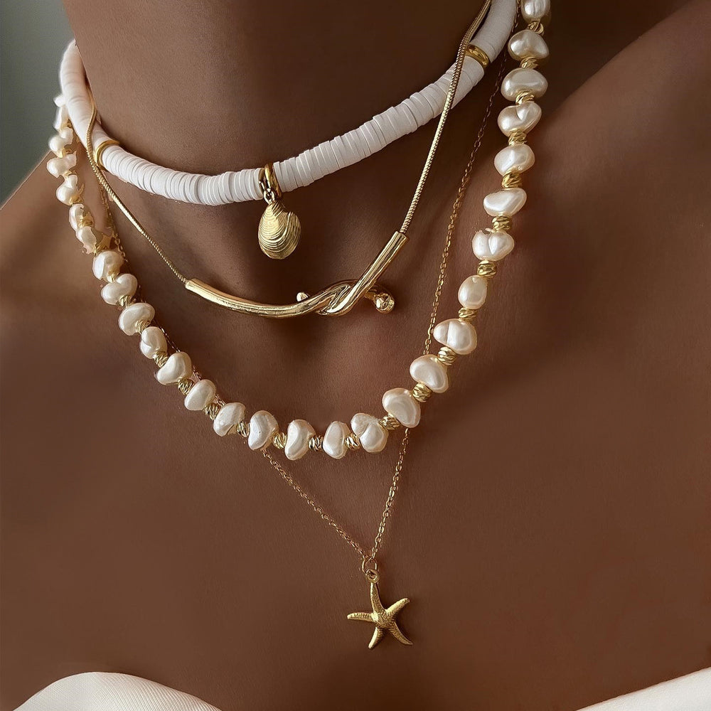 European and american cross-border summer beach soft clay imitation pearl beaded necklace niche irregular multi-layered starfish necklace