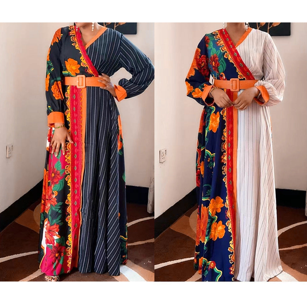 Amazon  printingv neckdress cross-border export african plus sizelong sleeves chiffon skirt with belt