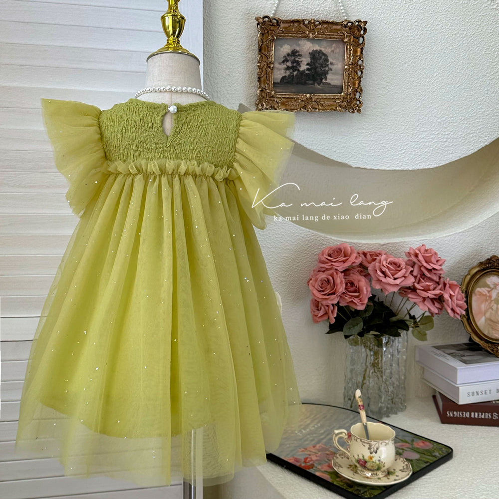 Girls' dress : stylish bowknot mesh princess dress, korean style flutter sleeve dress