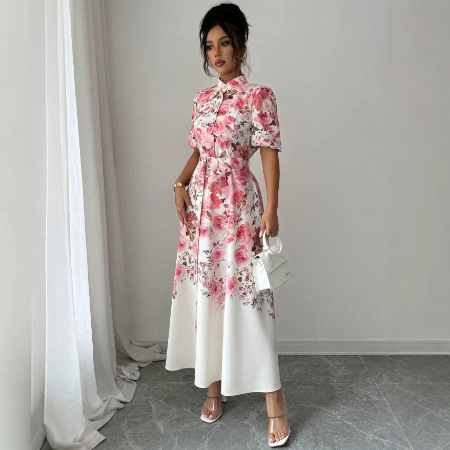 European and american niche fashion retro suit collar sleeveless cinched waist printed dress - women's slimming a-line elegant maxi dress