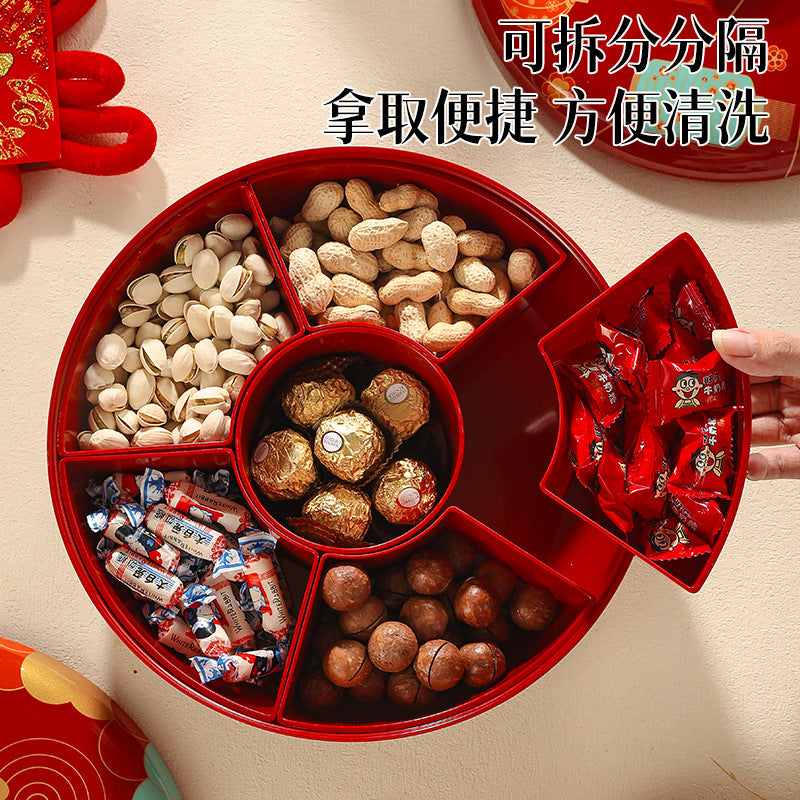 Chinese-style red rotating dried fruit box, household high-end housewarming, Chinese New Year grid fruit plate, living room snacks, melon seeds display plate