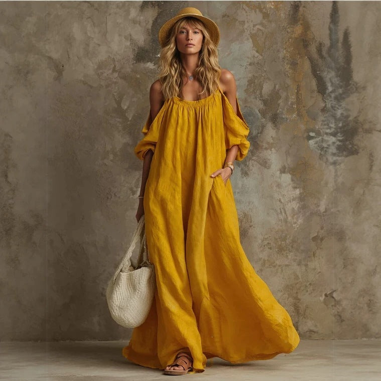 Fashion  independent station vacation style pocket sling off-shoulder cotton and linen looseslimming look large swing dress