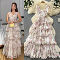 French floral sweet princess style dress - women's summer v-neck sleeveless high-waisted a-line maxi dress - commute chic