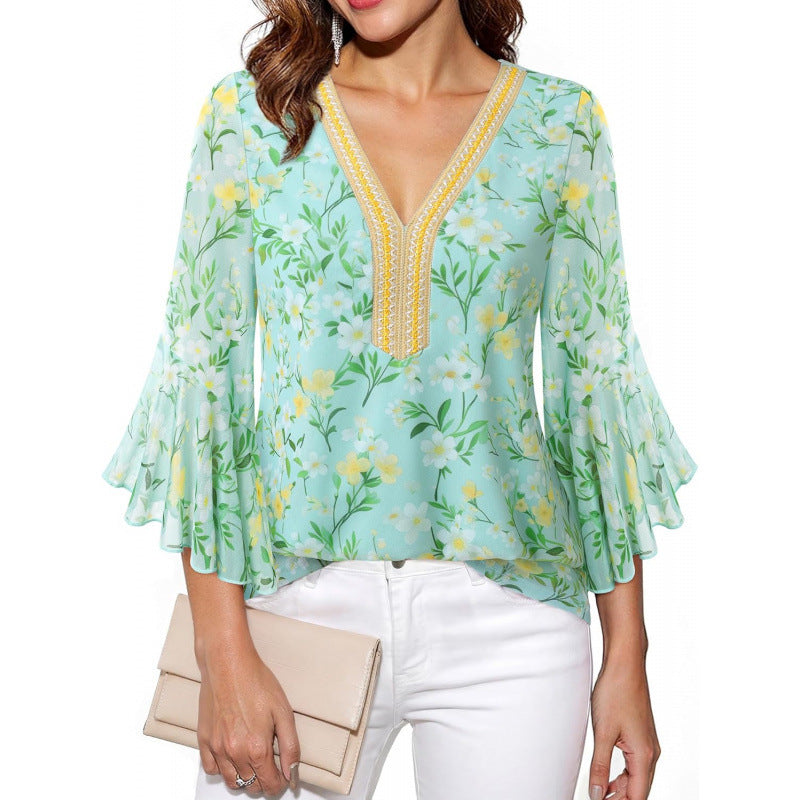 Amazon fashioneleganteleganceflowershirt women's  summer new ruffles sleeve v necktops