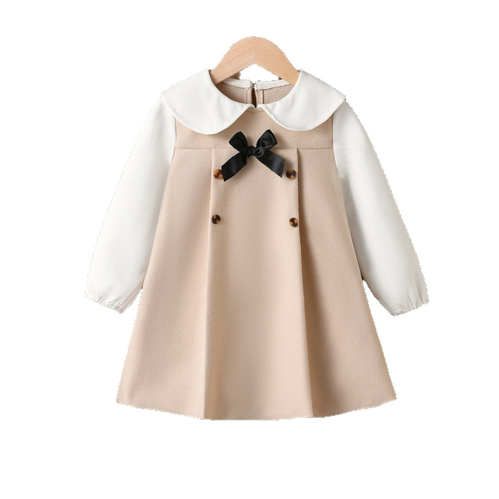 autumn girls' dress - khaki color block, peter pan collar shirt with bow tie, children's princess dress
