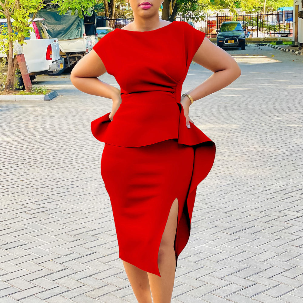 Q092  foreign trade women's v-neck solid color bodycon dress with ruffle hem and slit - professional european and american style