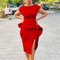 Q092  foreign trade women's v-neck solid color bodycon dress with ruffle hem and slit - professional european and american style
