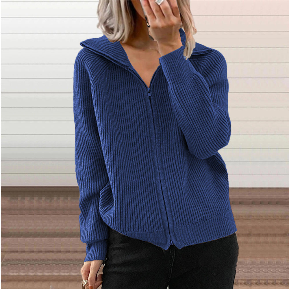 Fashion cross-border fall and winternew arrivalstripescasualoutwearlooseknitting shirt zipper cardiganlong sleeves lapel sweater women