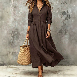 Fashion cross-border plus size women's retroshirt long skirt waist pleated large swing loose holiday style long sleevesdress