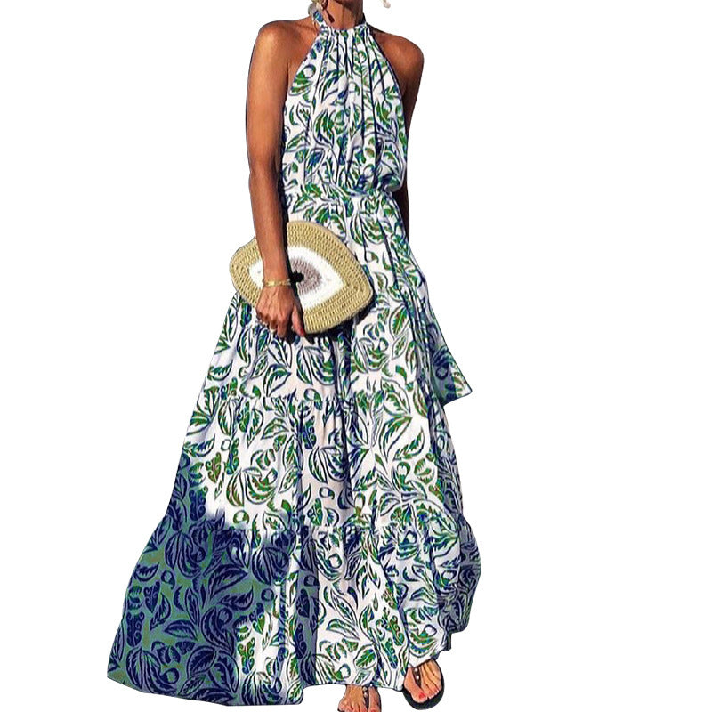 Ready-to-ship  summer new arrival: cross-border women's fashion sleeveless midi halter neck vacation print dress