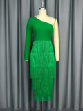 new sexy one-shoulder long sleeve dress high-waisted slimming tassel evening gown dresses