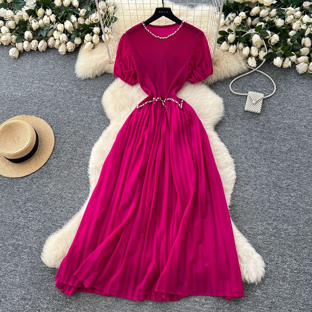 French-style heavy beaded and rhinestone embellished round neck puff sleeve dress - women's  summer cinched waist elegant pleated maxi dress