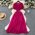 French-style heavy beaded and rhinestone embellished round neck puff sleeve dress - women's  summer cinched waist elegant pleated maxi dress