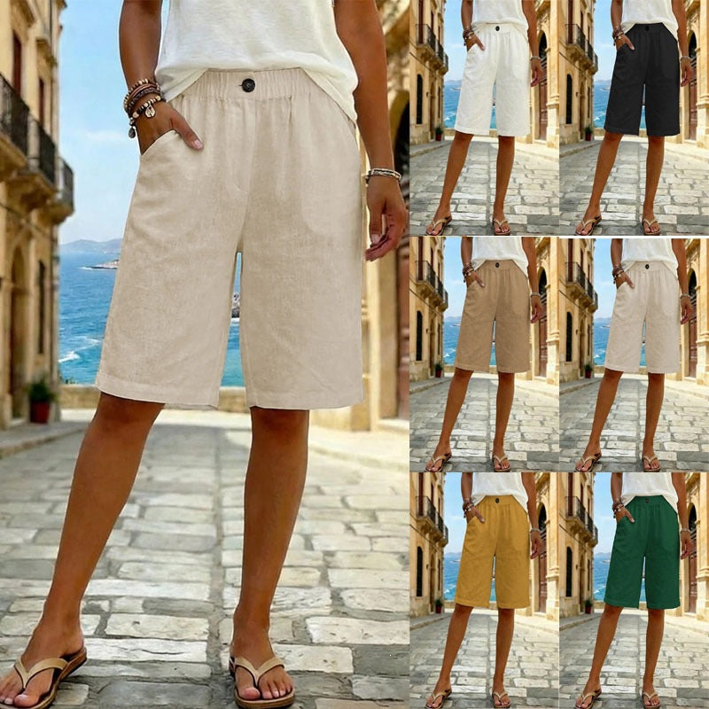 european and american  new women's faux cotton linen shorts - summer casual everyday mid-rise solid color shorts
