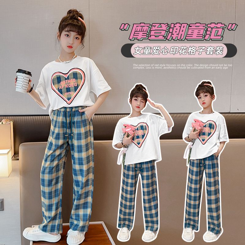 Girls' summer outfit set  new kids' fashionable and stylish summer tracksuit big kids' summer short-sleeve two-piece set