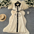 Niche styleretro socialitefashioncontrast colorpolo collar metal buckle short-sleeved knittingdress women's waist sweater long skirt