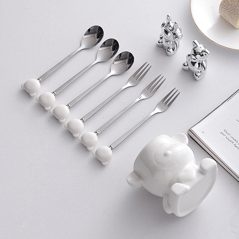 Luxury nordic bear fork set - stainless steel fruit forks with aesthetic ceramic bear storage jar