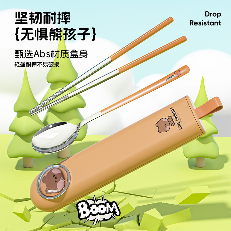 Cartoon cute portable tableware box student spoon chopsticks stainless steel picnic outdoor travel tableware set wholesale