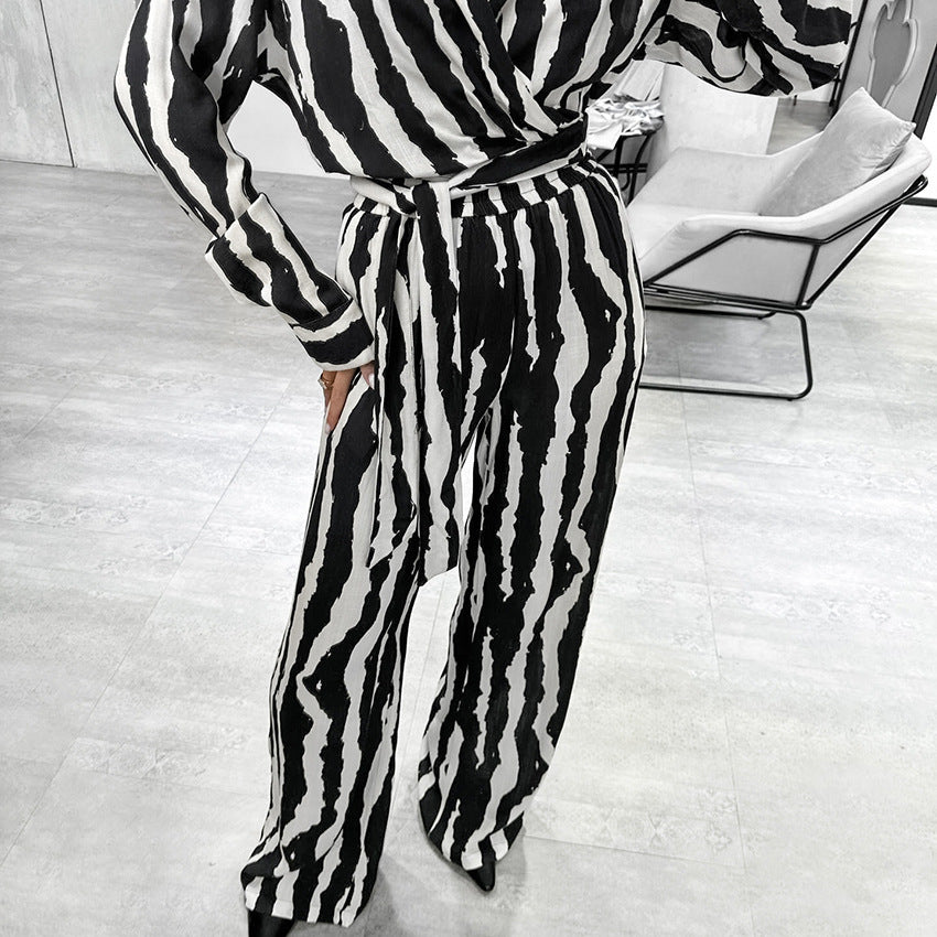 Cross-border European and American zebra pattern printing set 2025 spring fashion lace-up cardigan trousers two-piece casual women's clothing