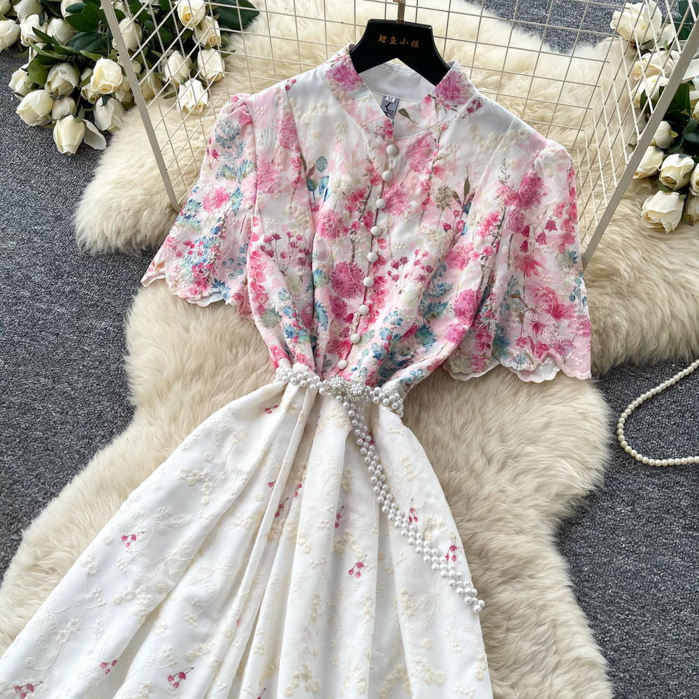 Vintage floral hollow-out short sleeve lace embroidery dress - women's summer high-waisted a-line maxi dress - slimming and elegant