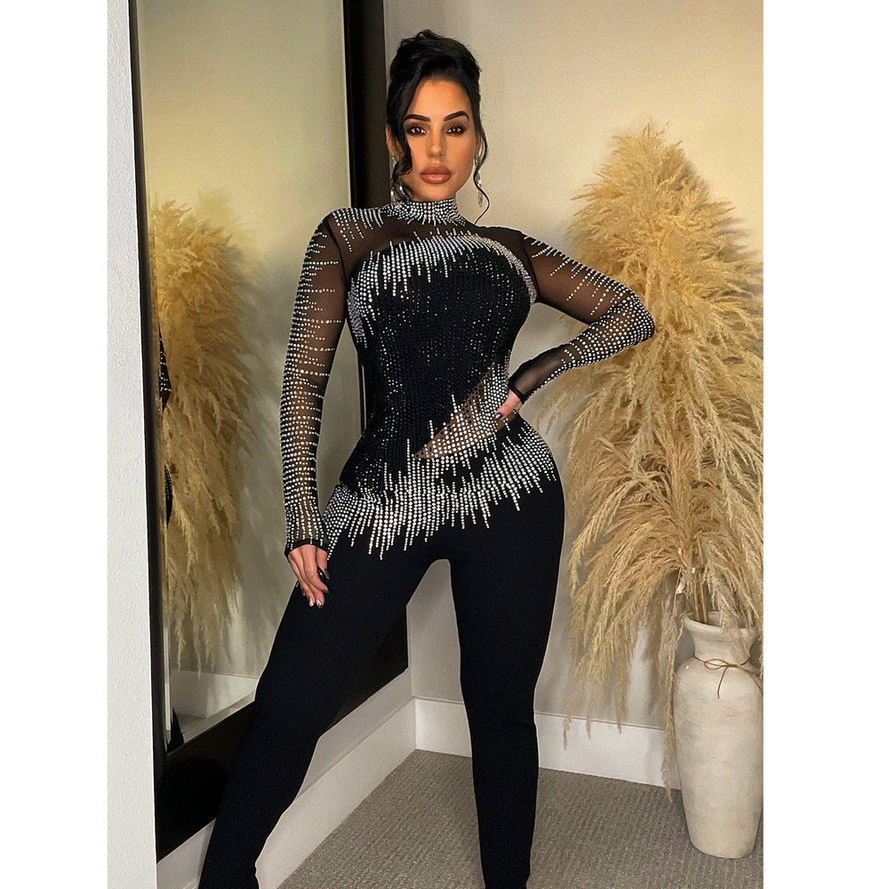C6226 cross-border   fashion women's solid color mesh rhinestone long sleeve pants jumpsuit