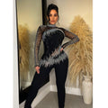 C6226 cross-border   fashion women's solid color mesh rhinestone long sleeve pants jumpsuit
