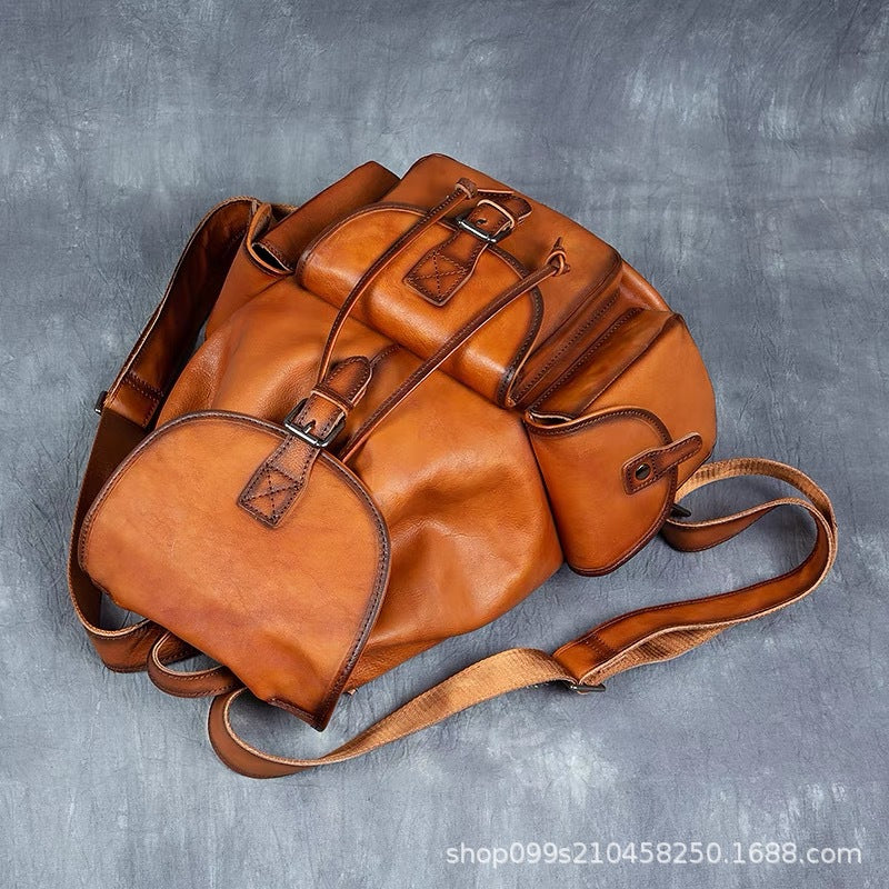 Hs original hand-burnished genuine leather backpack - vintage top grain vegetable-tanned cowhide rucksack for men and women - travel & laptop backpack