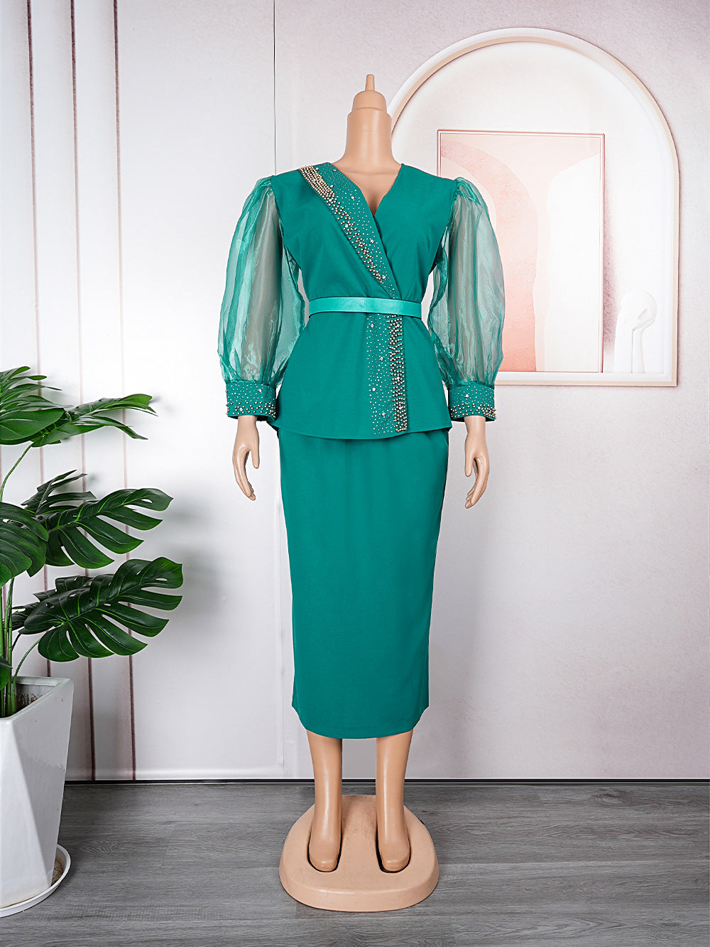African cross-border e-commerce ol commute organza dress european and american  women's two-piece set pencil skirt
