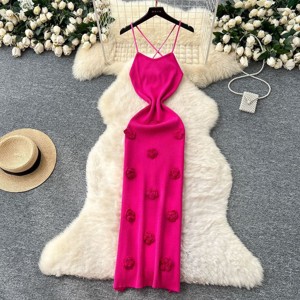 European and american style chic cutout backless halter knit dress - women's figure-hugging maxi dress with 3d floral appliqués