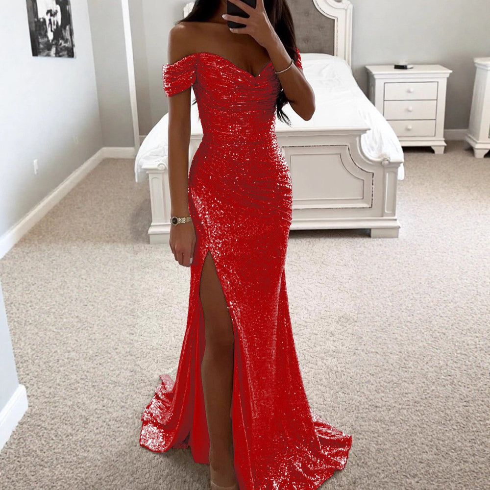 european and american new arrival sequin off-the-shoulder slit dress - ins casual fashion women's dress