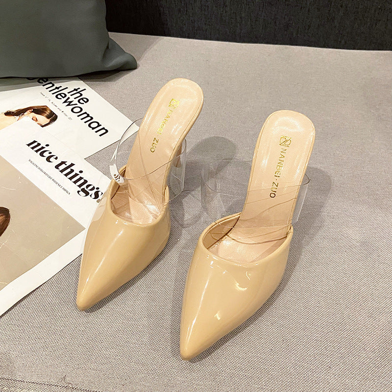Plus size slippers 2025new arrivalk-style high-heeled sandals, thin-heeled one-line transparent strap toe-cap half-slippers outwear slippers