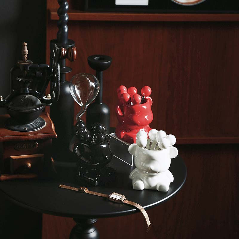 High-value, affordable luxury ceramic fruit fork & jar set - sunflower & bear design, stainless steel fruit forks included