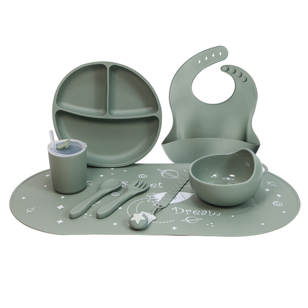 hot-selling children's food supplement silicone dinner plate, bowl, fork, spoon, bib, eight-piece tableware set, anti-fall dinner plate, suction cup