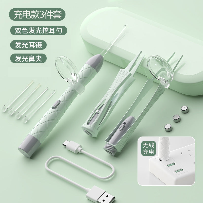 New arrival rechargeable light-emitting ear spoon suit nose pick ear pick earwax baby battery light buckle ear pick suit