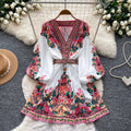 Vintage print v-neck long sleeve bodycon dress - women's summer tie-waist slimming a-line dress - office & casual wear
