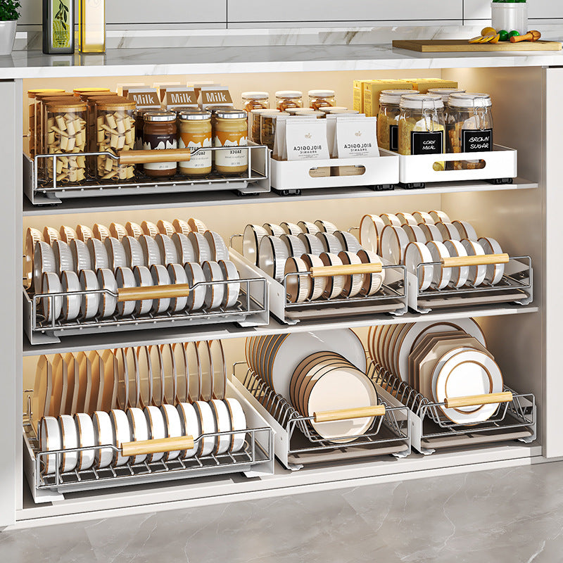 Stainless steel kitchen dish rack guide rail non-punching pumping basket rack cabinet storage tableware dish drain rack