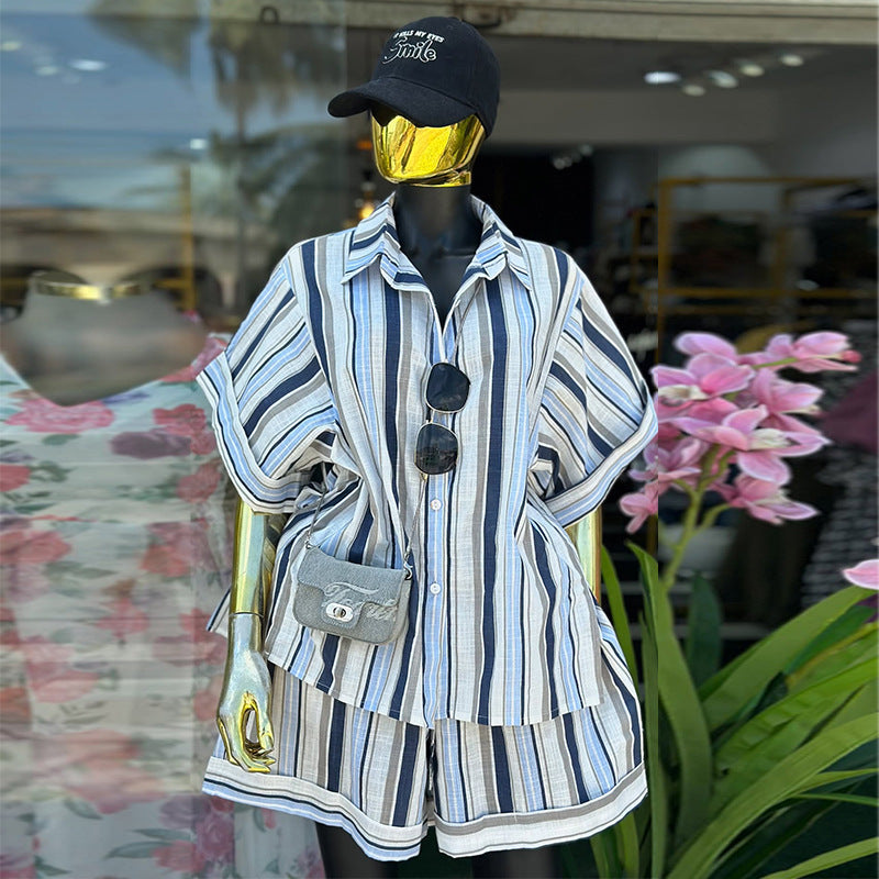 European and american style women's summer  new collection: sweet and fresh striped turn-down collar short-sleeve shirt and high-waisted straight-leg shorts two-piece set