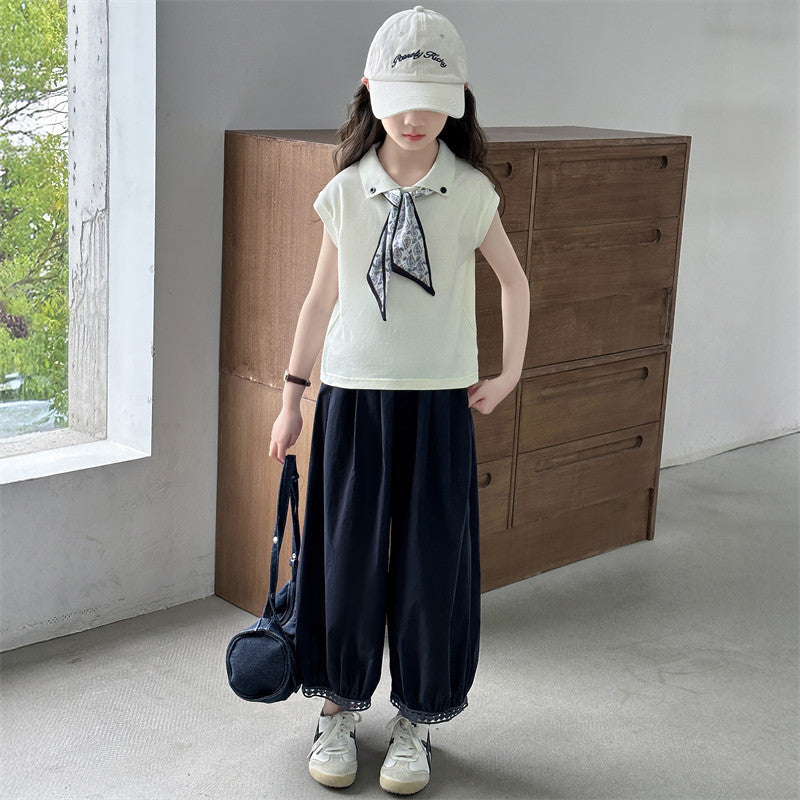 new girls' casual versatile lightweight lace trim student two-piece set - relaxed fit wide leg pants for girls