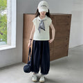 new girls' casual versatile lightweight lace trim student two-piece set - relaxed fit wide leg pants for girls
