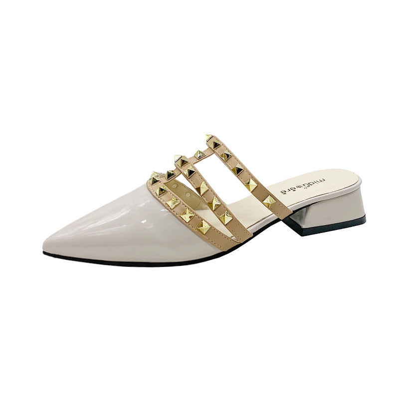 Rivet shoes French sense rivet cool slippers women's summer wear flat-bottomed summer and Korean version patent leather pointed head half slippers