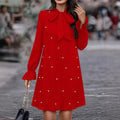 e-commerce  early spring independent store european and american women's clothing tie-up beaded long-sleeved solid color dress