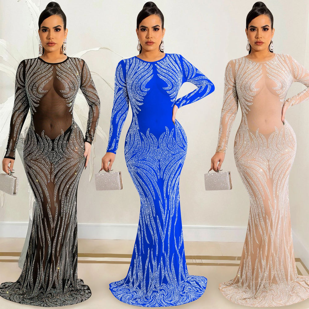 X5606 cross-border   nightclub style sexy rhinestone mesh see-through long sleeve maxi dress for women