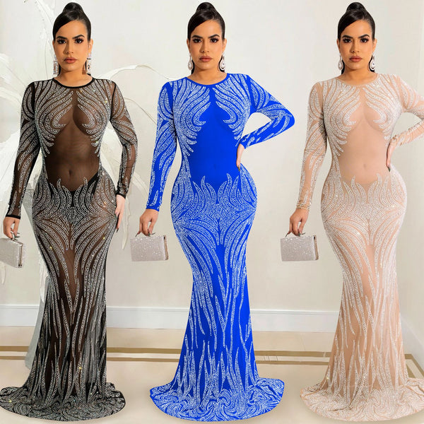 X5606 Cross-border   Nightclub Style Sexy Hot Diamond Mesh Perspective Long Sleeve Long Dress Dress Women