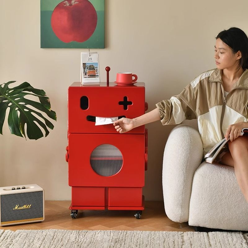 Minimalist creative art robot mobile side table - glossy, skin-touch finish - living room sofa table, bedside nightstand, storage & decorative cabinet
