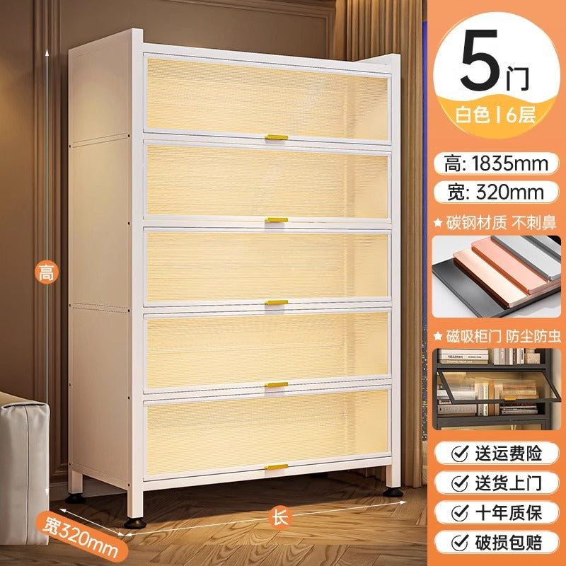 Dustproof iron art flip-door bookcase for home, living room, bedroom, multi-layer floor storage cabinet, student and children's bookshelf organizer